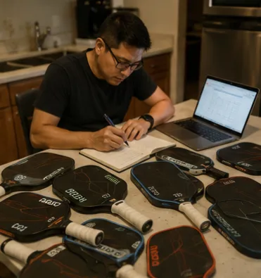A man seated at a kitchen table with multiple pickleball paddles spread across the surface, writing in a notebook beside an open laptop.