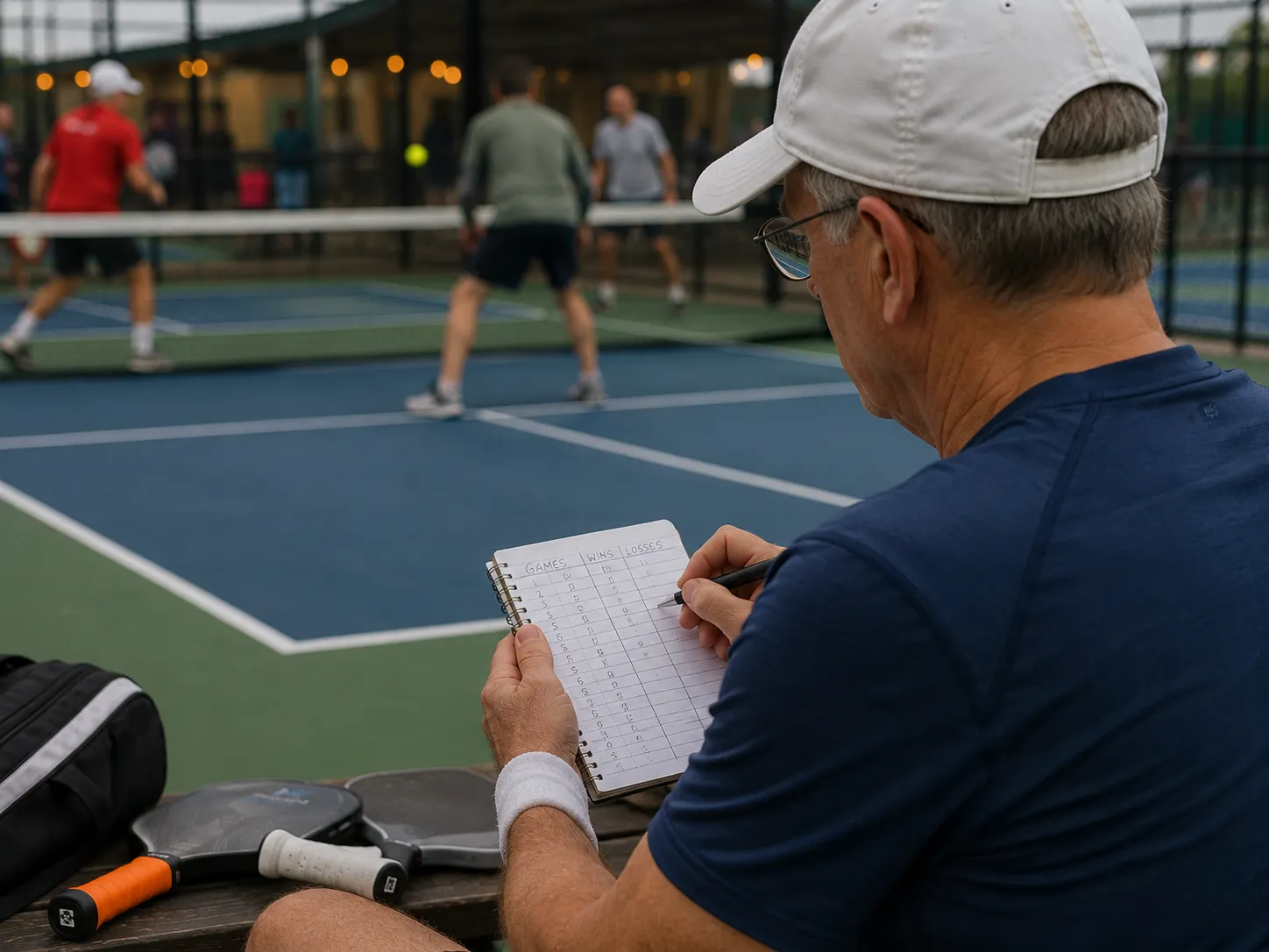 A man in a white cap and glasses sits courtside writing in a small handwritten notebook while pickleball players continue play on the court behind him.