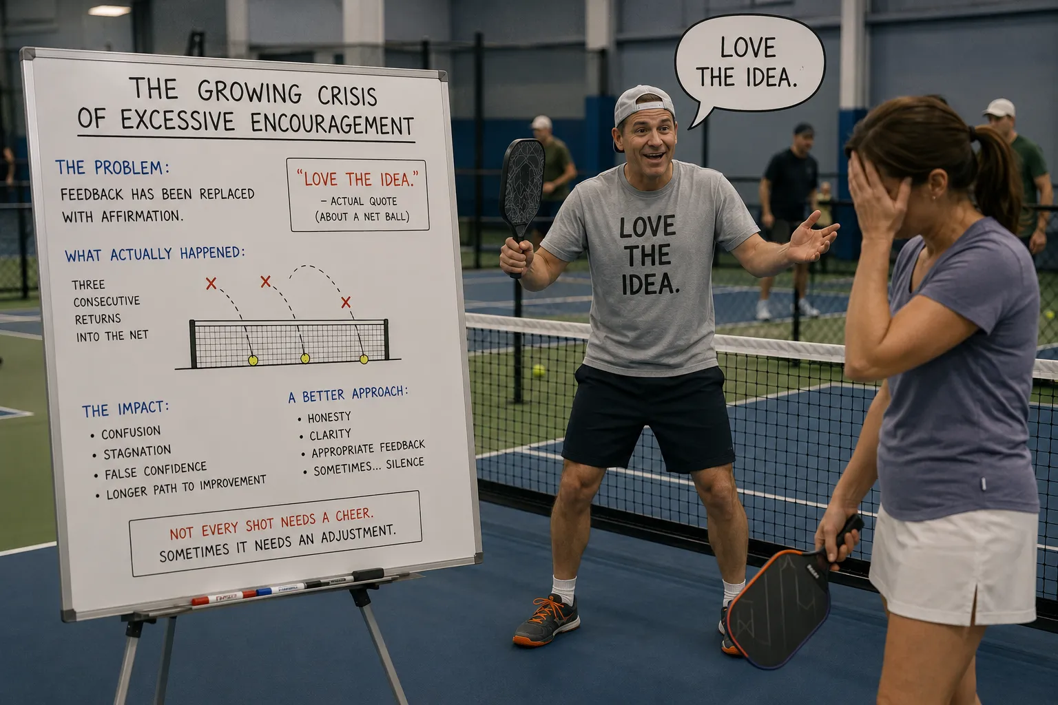 An indoor-court whiteboard titled "The Growing Crisis Of Excessive Encouragement" lays out the problem (feedback replaced with affirmation), a net-ball diagram, the impact, and "a better approach," closing "Not every shot needs a cheer. Sometimes it needs an adjustment." Beside it a grinning man in a "LOVE THE IDEA." t-shirt gestures with his paddle while a woman holding a paddle covers her face.
