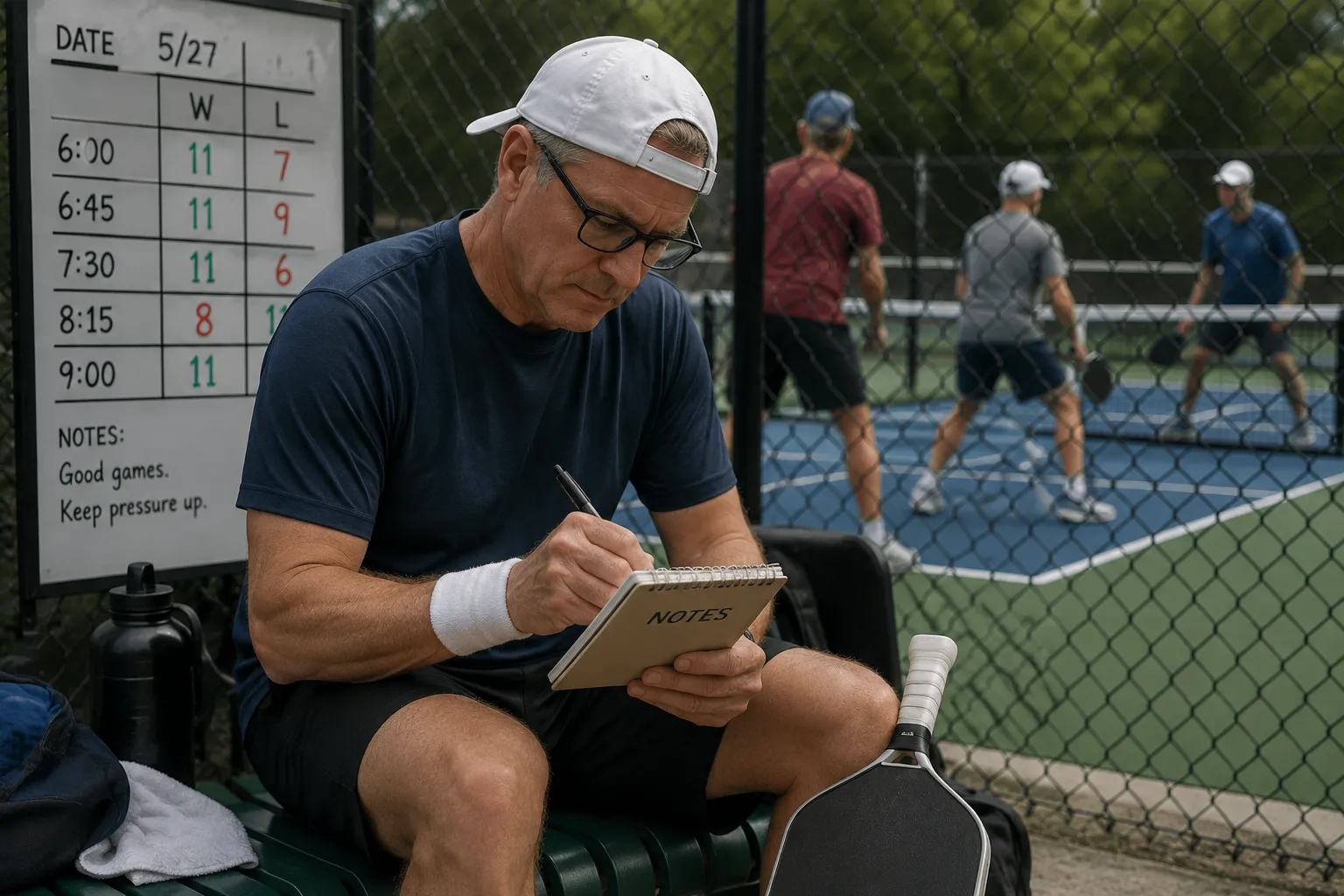 A man in a backwards white cap sits courtside on a green bench, intently writing in a NOTES pad with a paddle beside him, while a doubles game plays on the court behind him and a whiteboard tracks win-loss scores.
